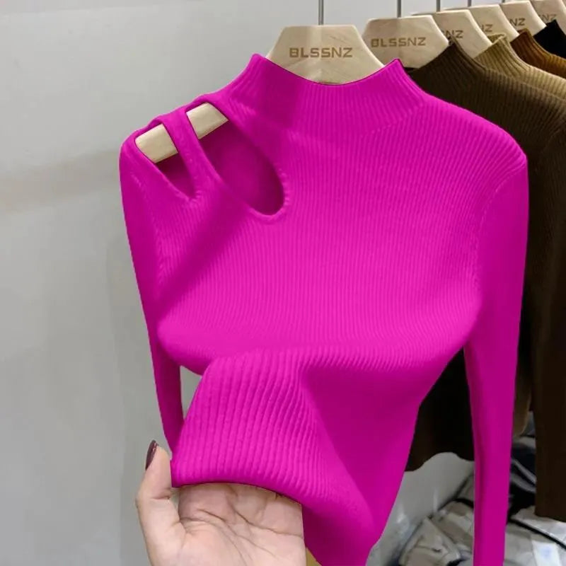 Women's half turtleneck hollow knitted top