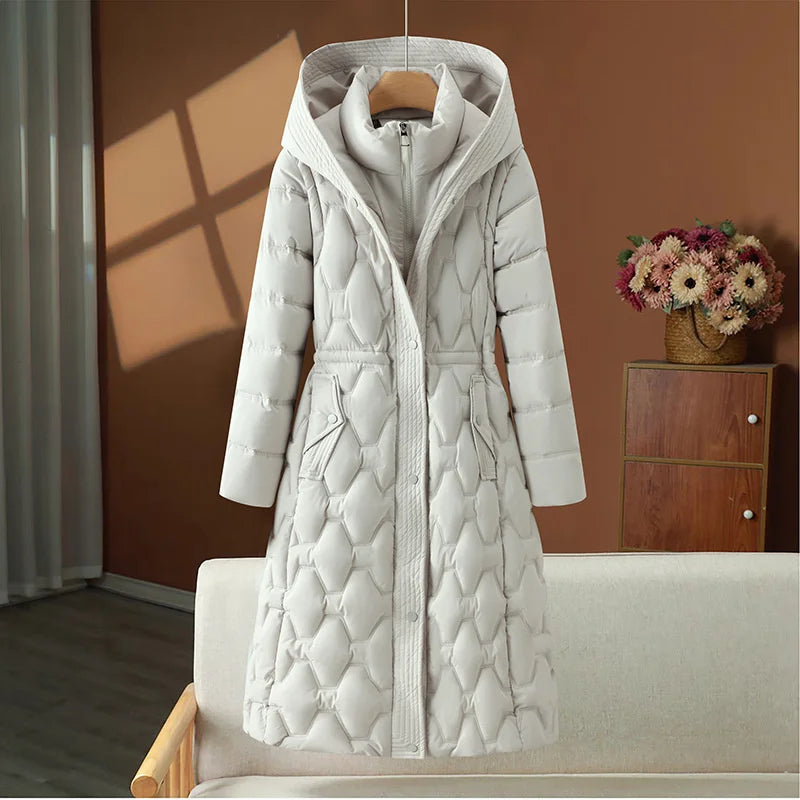 Women’s Long Quilted Jacket – Fitted Waist – Padded Insulation – Hooded – Snap Closure