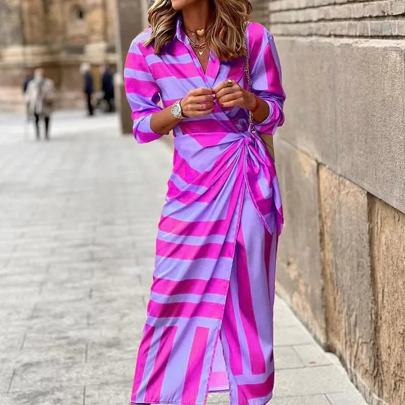 Women's Wrap Dress - Collared V-Neck - Long Sleeve Tie Waist - Elegant Midi Length