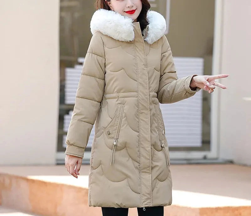 Women's winter midi-length hooded padded jacket with drawstring waist