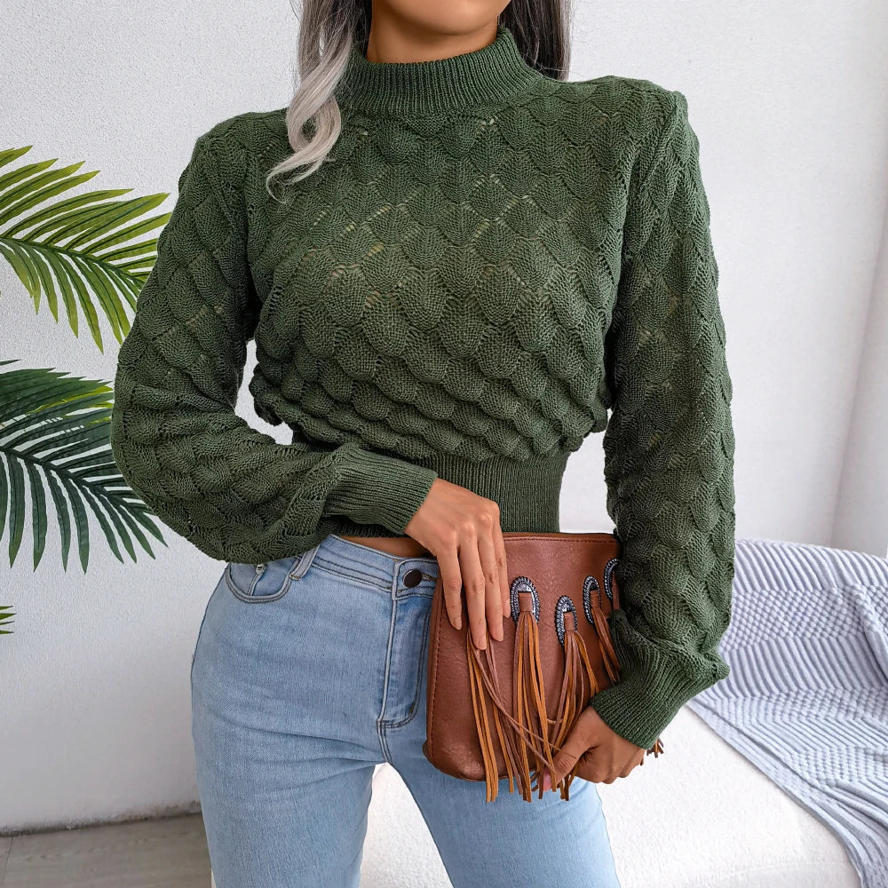 Hollow Out Long Sleeve Knitted Crop Top