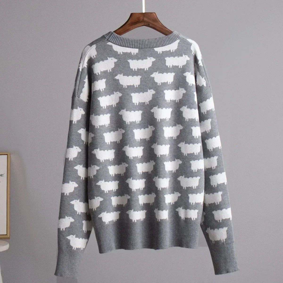 Women's Knit Sweater - Crew Neck - Relaxed Fit - Sheep Pattern Casual Pullover