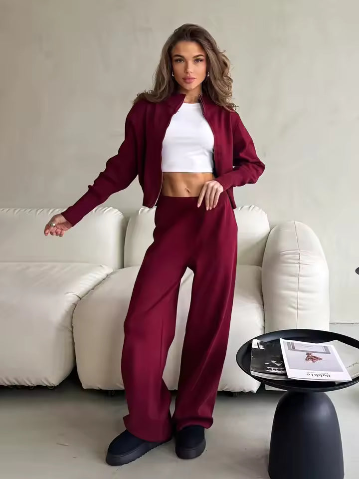 Women’s Two-Piece Pants Set – Knit – Relaxed Fit – Zip-Up Top – High Waisted Wide Leg
