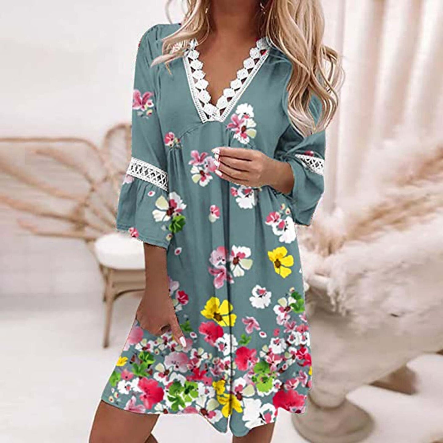 Women's Floral Dress - Loose Fit - V-Neck Lace Detail - Three-Quarter Sleeve Flowy Design