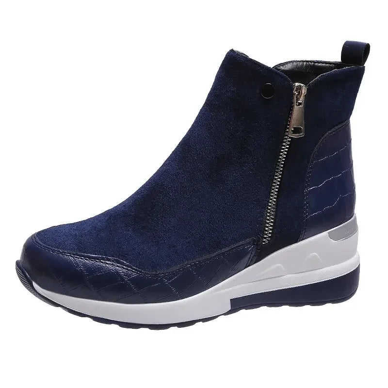 Women's Wedge Ankle Boots - Suede & Faux Leather - Side Zipper - Platform Sole