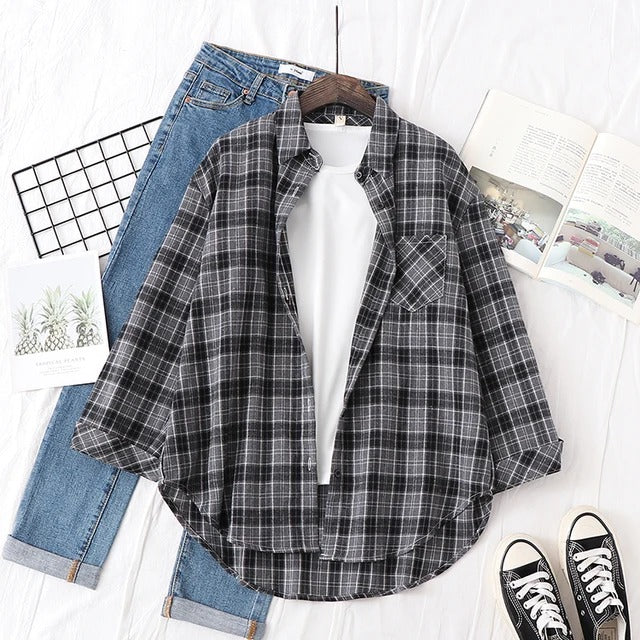 Women's plaid long sleeve loose shirt jacket