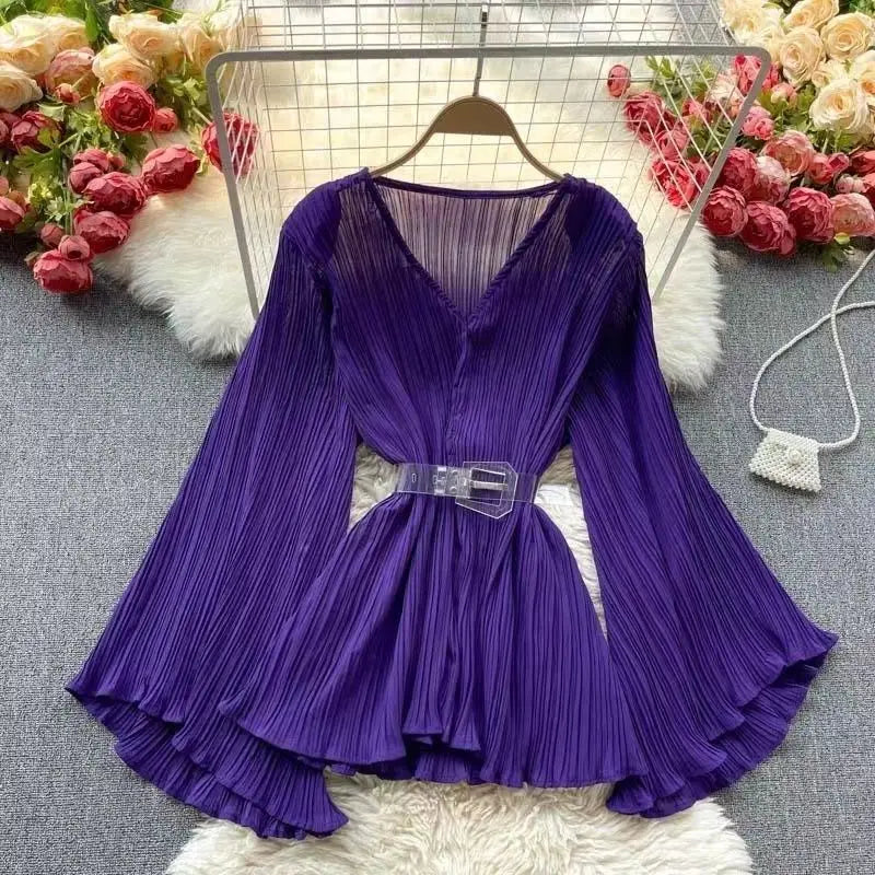 Women's Pleated Blouse - V-Neck - Flared Sleeves - Button Front - Cinched Waist