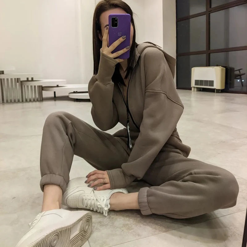 Women's long sleeve hoodie front zip tracksuit