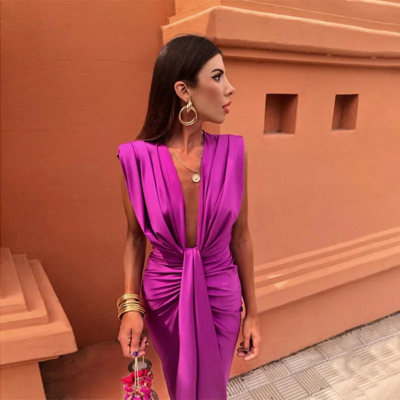 Women's Evening Gown - Deep V-Neck - Sleeveless - Waist Knot - Front Slit Elegant Dress