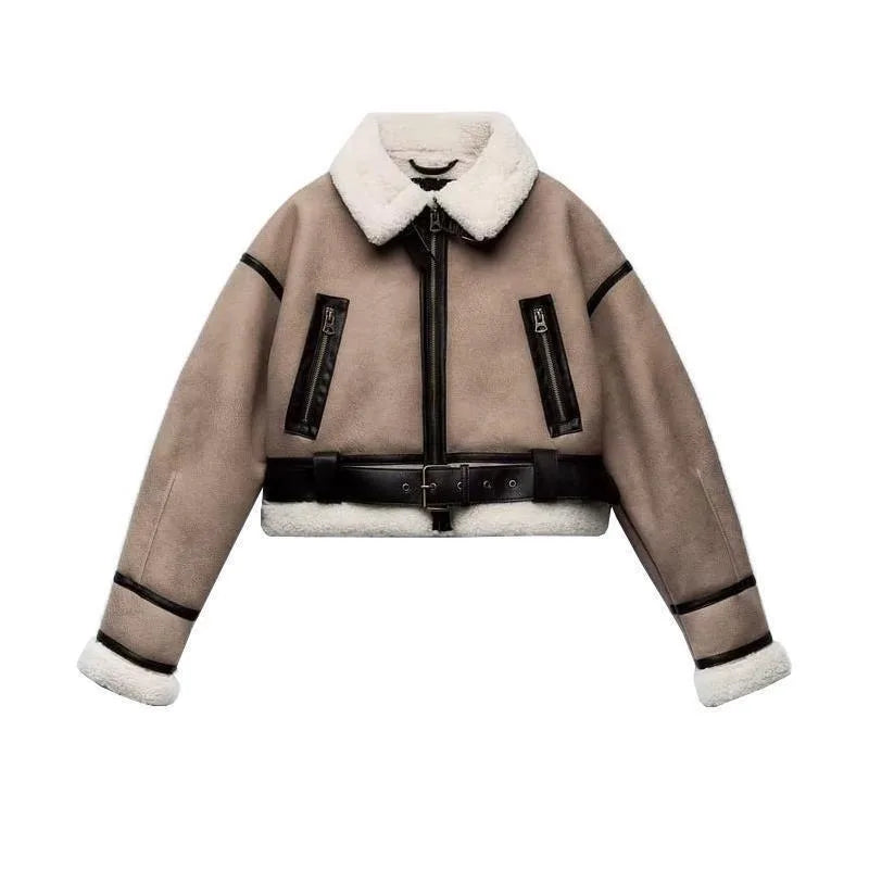Women's faux shearling jacket winter belted coat long sleeve