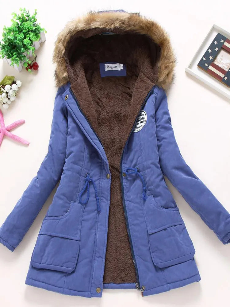 Saskia - long sleeve hooded mid-length coat