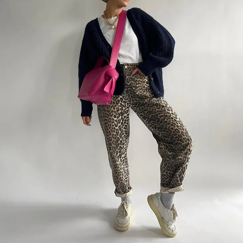 Leopard print wide-leg trousers loose fit straight cut for women