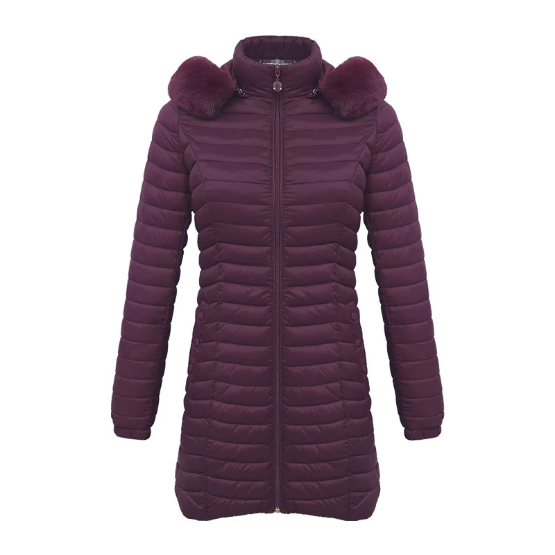 Women's slim fit winter puffer jacket with fur hood