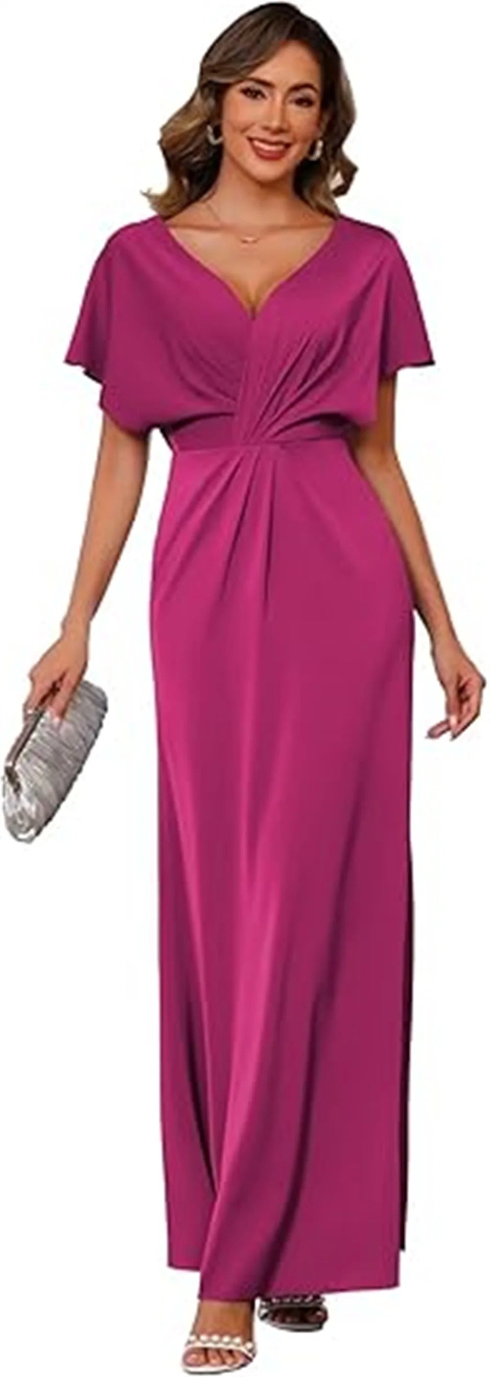 Women’s Maxi Dress – Satin Feel – Draped Waist – V-Neck – Short Sleeve Formal Fit