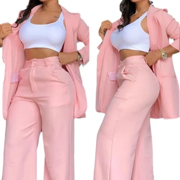 Women's blazer suit with slit sleeves and high waist wide leg trousers two-piece set
