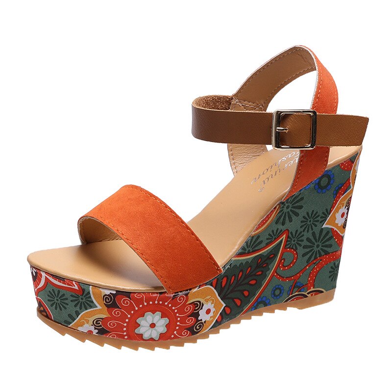 Women's Wedge Sandals - High Platform - Ankle Strap - Stylish Printed Heel
