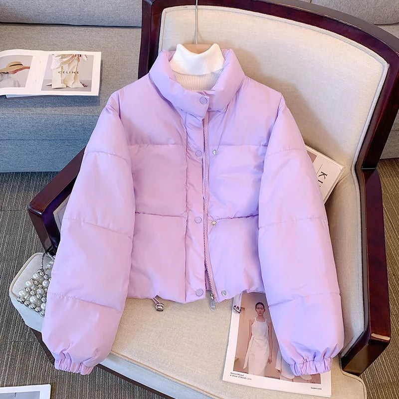 Women's Puffer Jacket - Quilted Insulated - Stand Collar - Cropped Fit Warm Outerwear