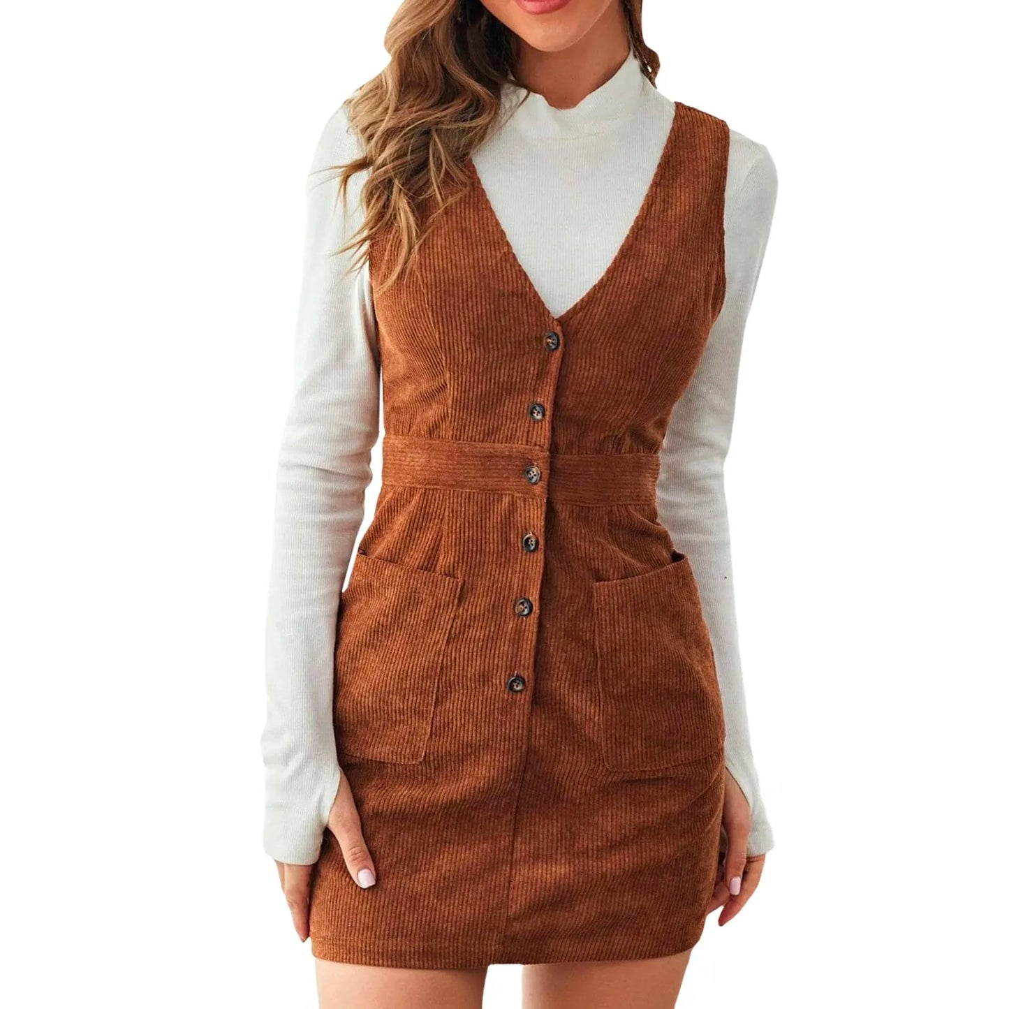 Women’s Corduroy Jumper Dress - Sleeveless V-Neck - Button Front with Pockets