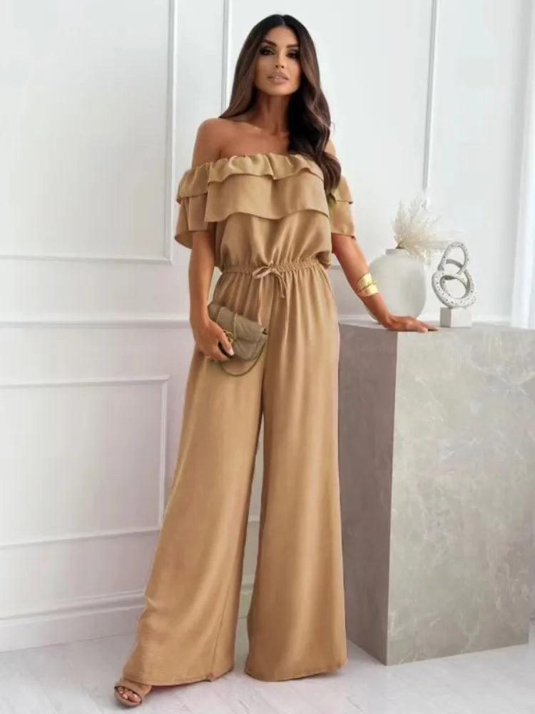 Women's Off-Shoulder Jumpsuit - Ruffled Neckline - Wide-Leg Relaxed Fit - Lightweight Fabric
