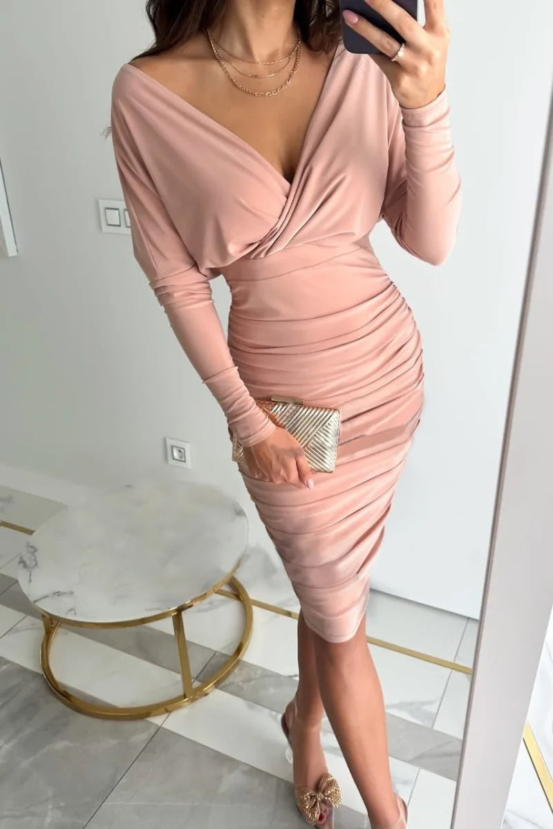 Women's Bodycon Dress - Off Shoulder - Long Sleeve - Knee Length - Ruched Elegant Fit