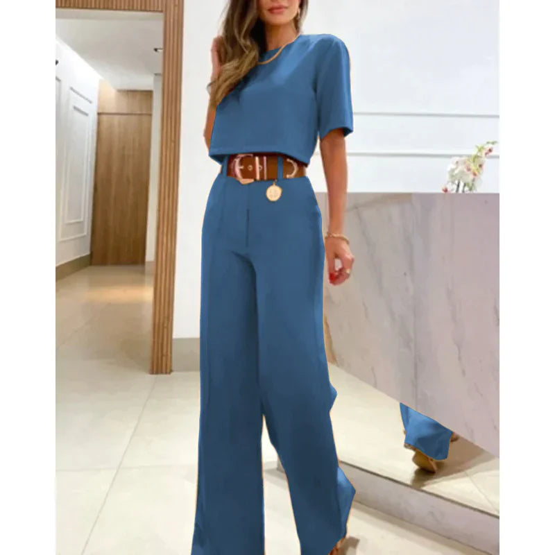 Women's summer short-sleeved cropped top wide leg pants set