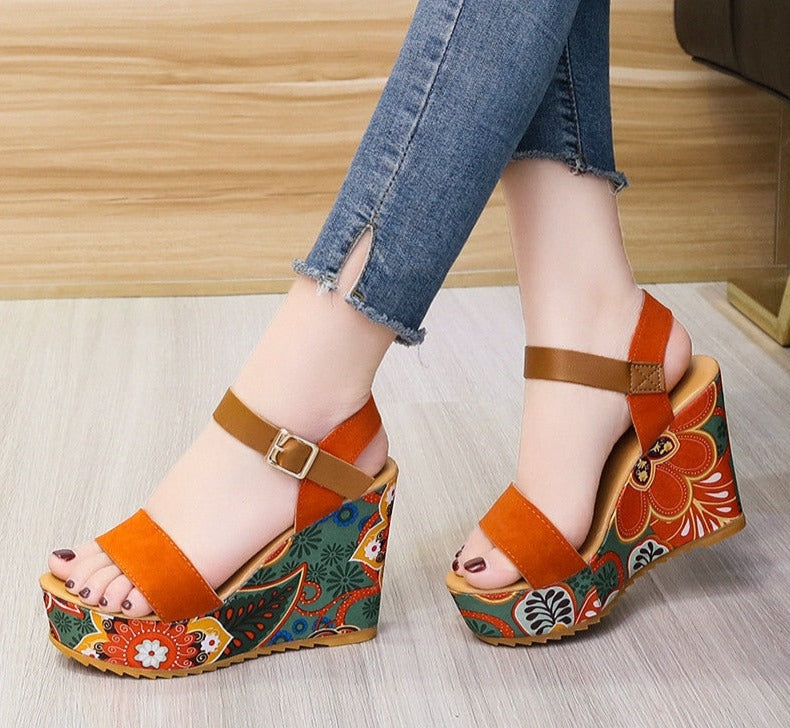Women's Wedge Sandals - High Platform - Ankle Strap - Stylish Printed Heel