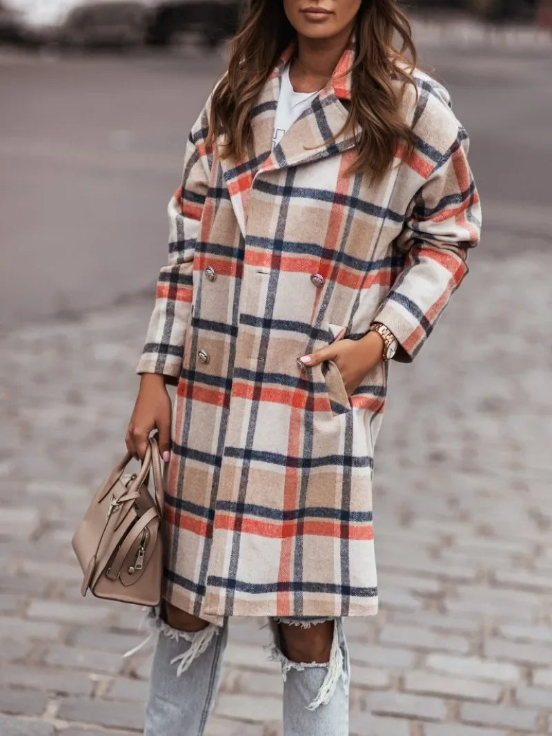 Women's mid-length plaid coat