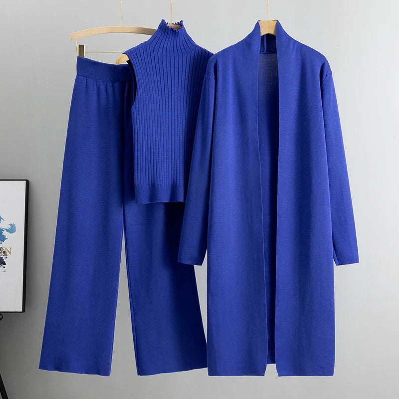 Women's three-piece knitted suit sleeveless vest cardigan and pants set