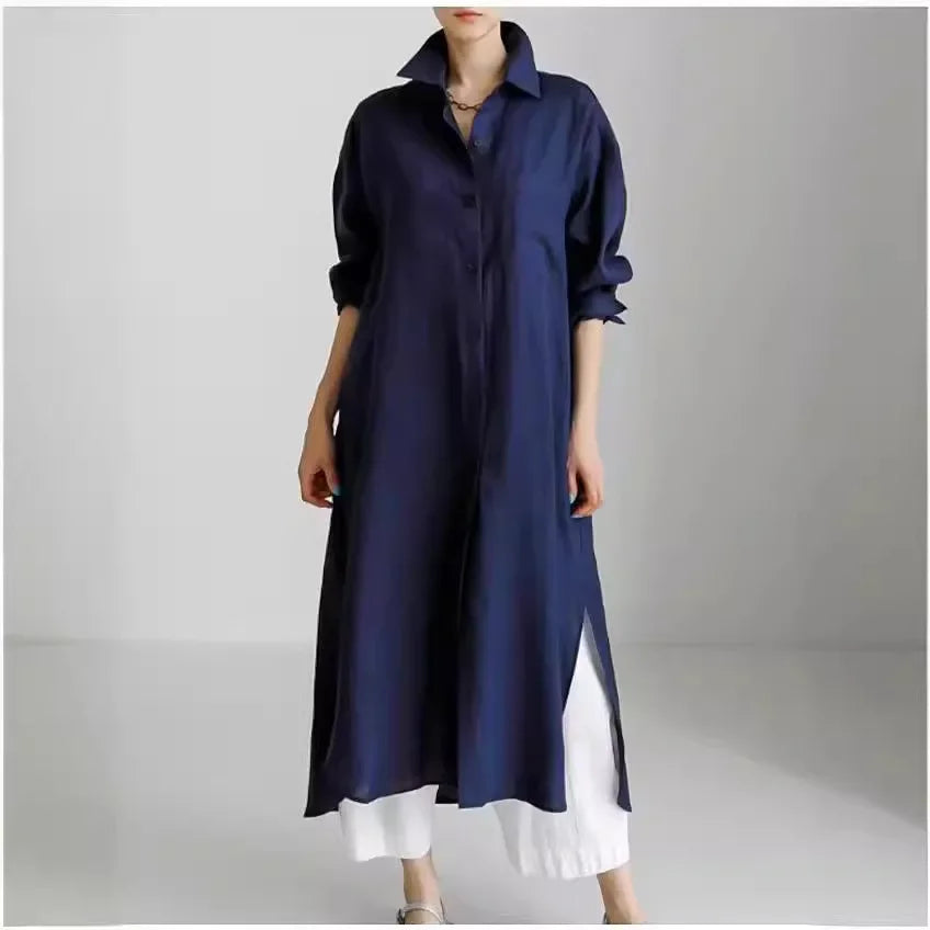 Women's Shirt Dress - Button Down - Long Sleeve - Relaxed Fit - Side Slits