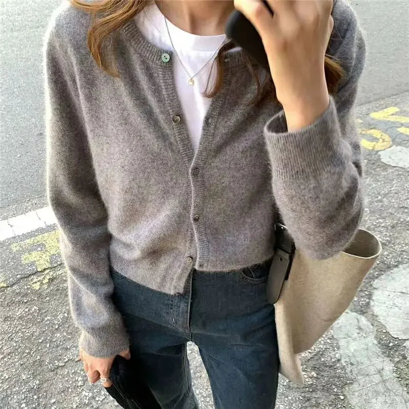Women’s Cardigan Sweater – Soft Wool Blend – Relaxed Fit – Crew Neck – Button-Up Front