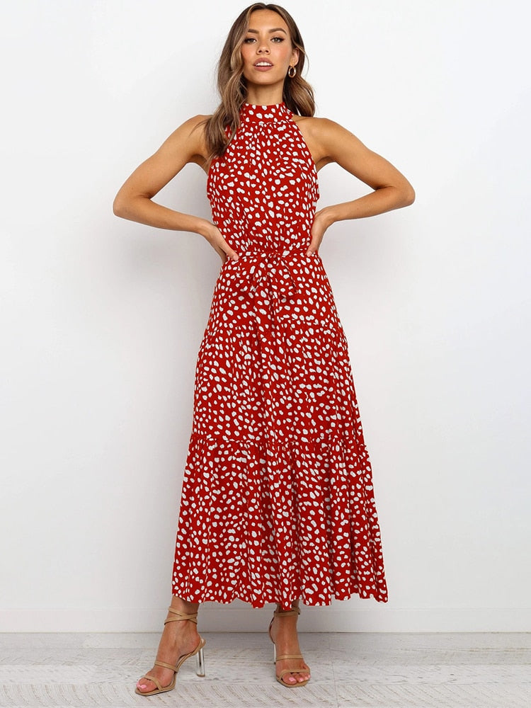 Women's Halter Midi Dress - Polka Dot Print - Tiered Flowy Skirt - Waist Tie