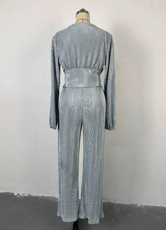 Women's casual V-neck top and wide-leg trousers set