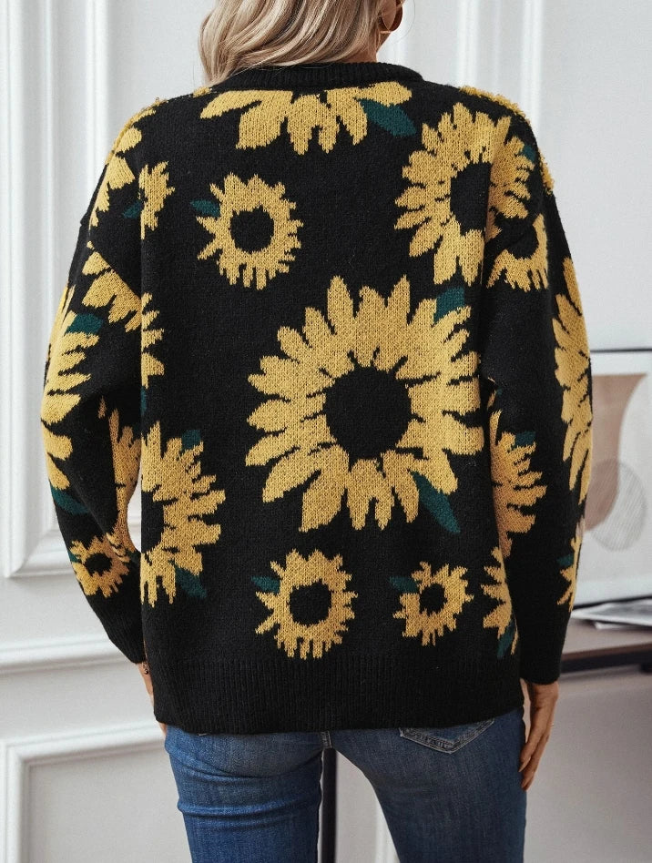 Women's sunflower embroidered round neck long sleeve pullover sweater