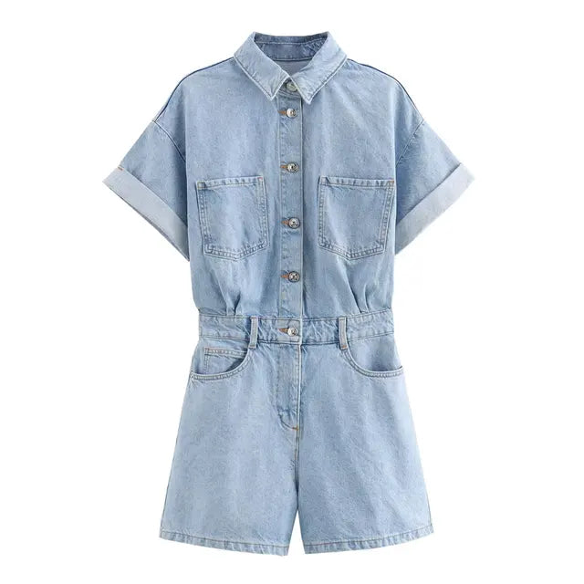 Women's Denim Romper - Button-Up Short Sleeve - Fitted Waist with Pockets