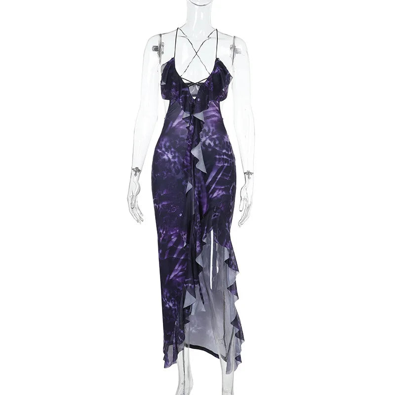Women’s Maxi Dress – Satin Bodycon – Halter Neck – Deep V-Neck – High Slit Cutouts