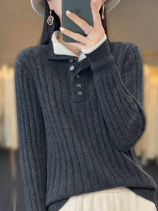 Ribbed Contrast Collar Polo Sweater