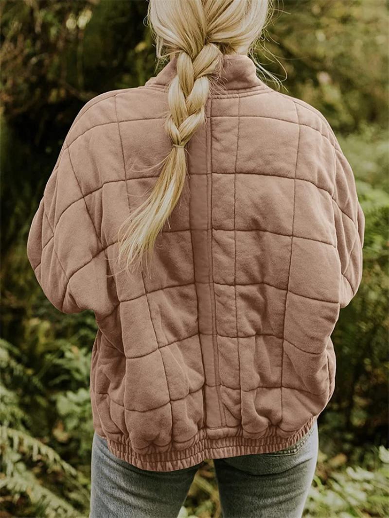 Women's stand collar zippered plaid quilted jacket