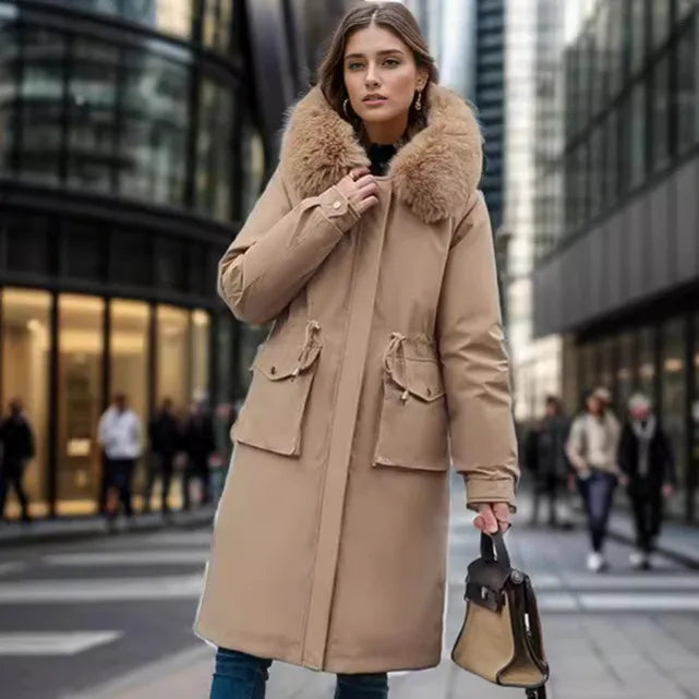 Women's fur collar winter windbreaker long parka