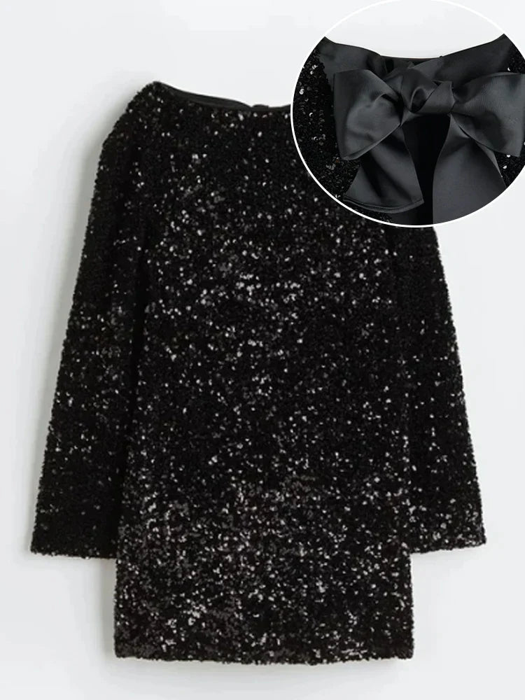 Women's Long-Sleeve Mini Dress - Boucle Textured - Shift Style - Round Neck