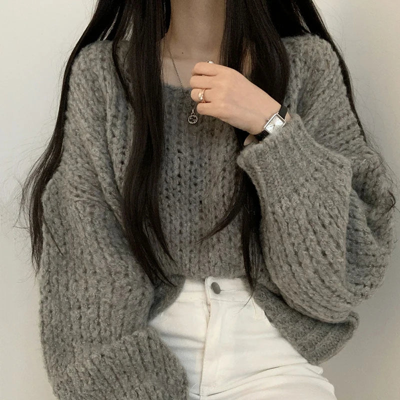 Hollow Out Lantern Sleeve Knitted Pullover Sweater