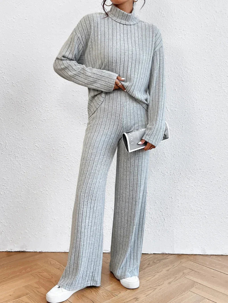 Women's solid color high collar long sleeve ribbed two-piece set