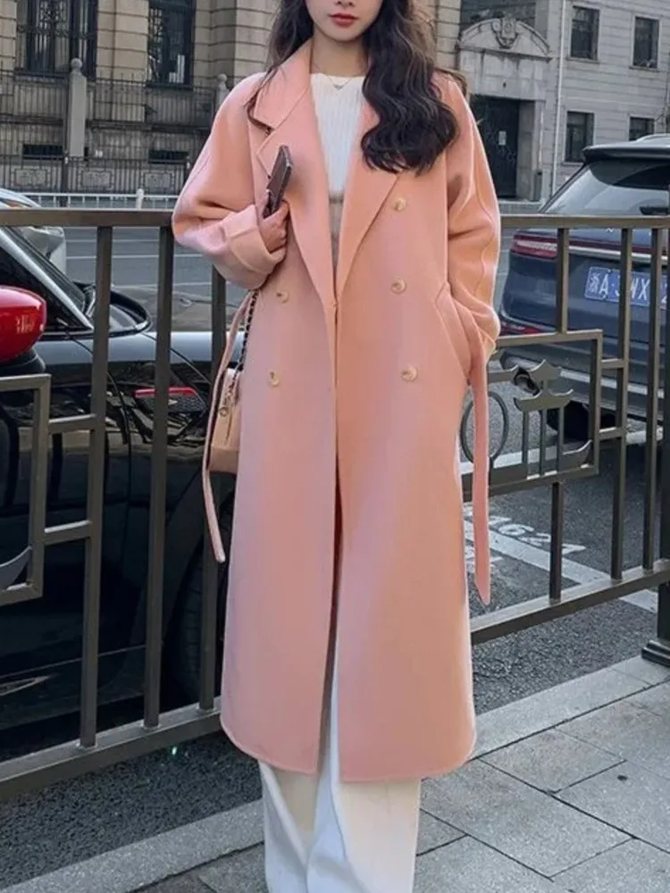 Women’s Long Overcoat – Wool Blend – Loose Fit – Double Breasted – Belted Waist