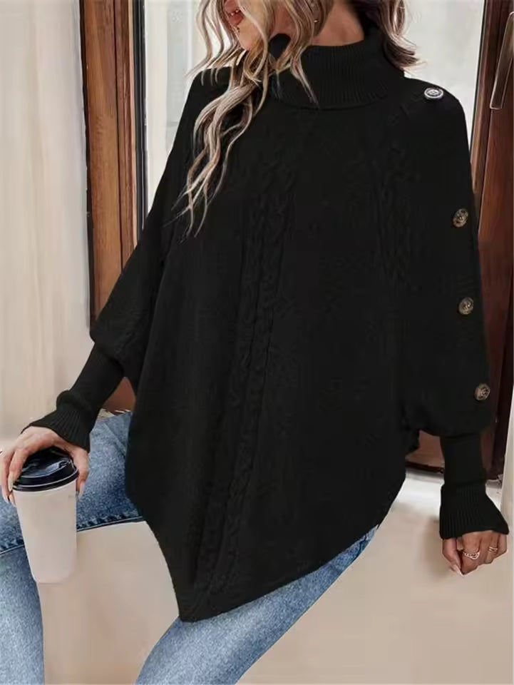 Women’s Sweater – Oversized Fit – Wool Blend – Cable Knit – Bat Sleeve – Turtleneck – Tunic Length – Button Detail