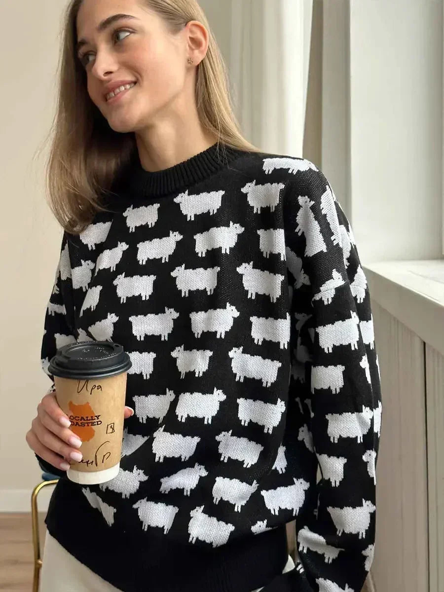 Women's Knit Sweater - Crew Neck - Relaxed Fit - Sheep Pattern Casual Pullover