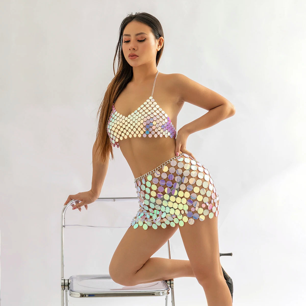 Women’s Sequin Halter Top and Skirt Set - Metallic Chainmail Style - Partywear Ensemble