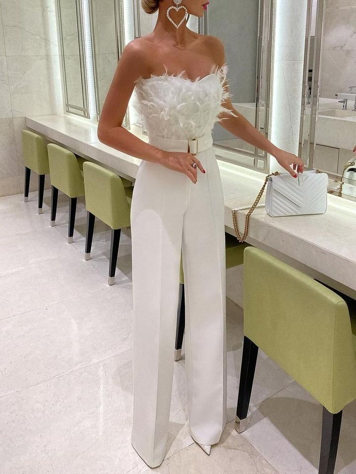 Women's Jumpsuit - Strapless Feather Bodice - Belted Waist - Wide Leg Elegant Fit