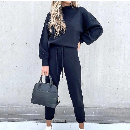 Women’s Loungewear Set - Soft Knit - Relaxed Fit Top & High-Waist Joggers - Balloon Sleeves
