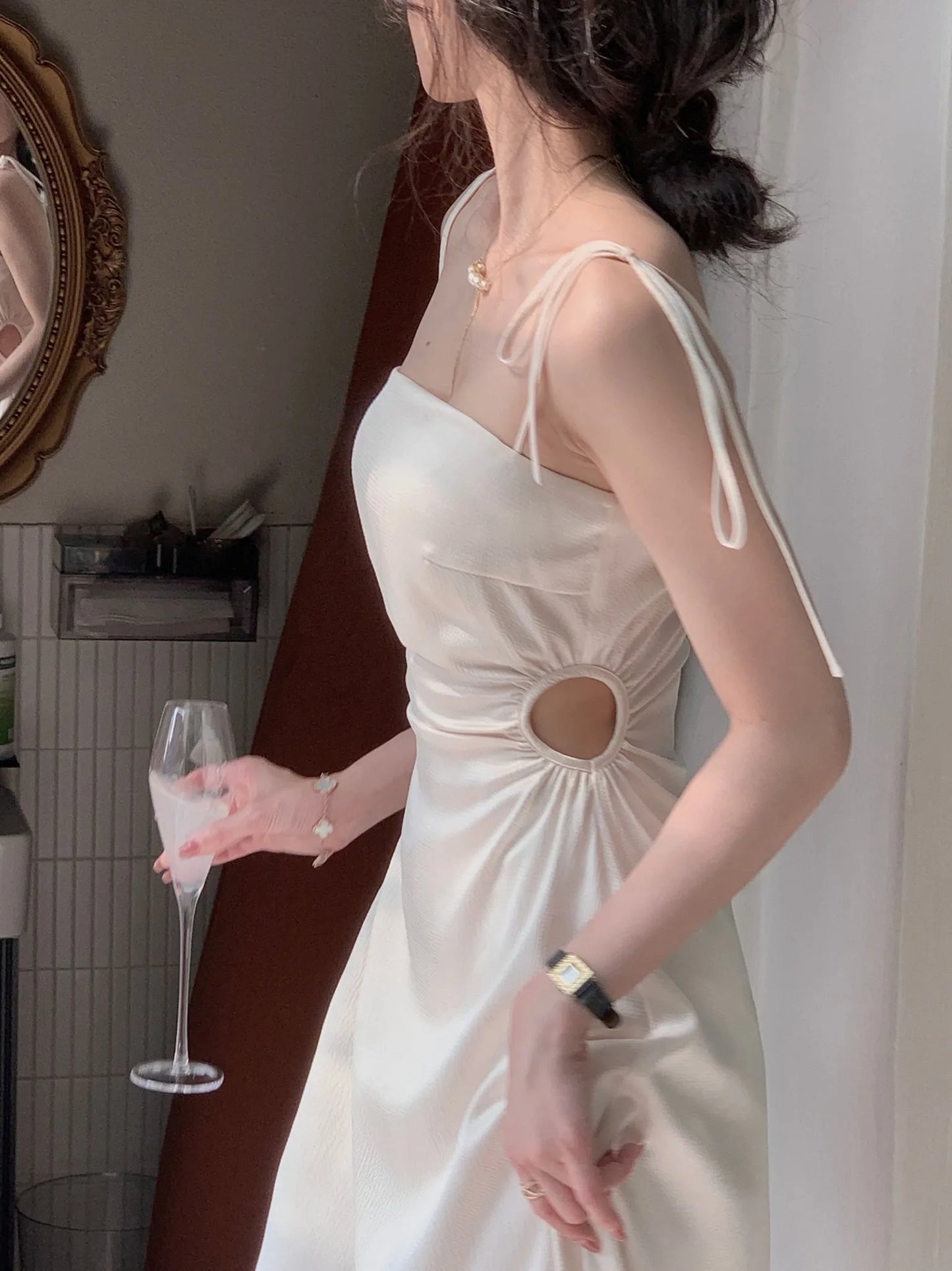 Women's Midi Dress - Satin Fabric - A-Line Silhouette - Spaghetti Strap Elegant Wear