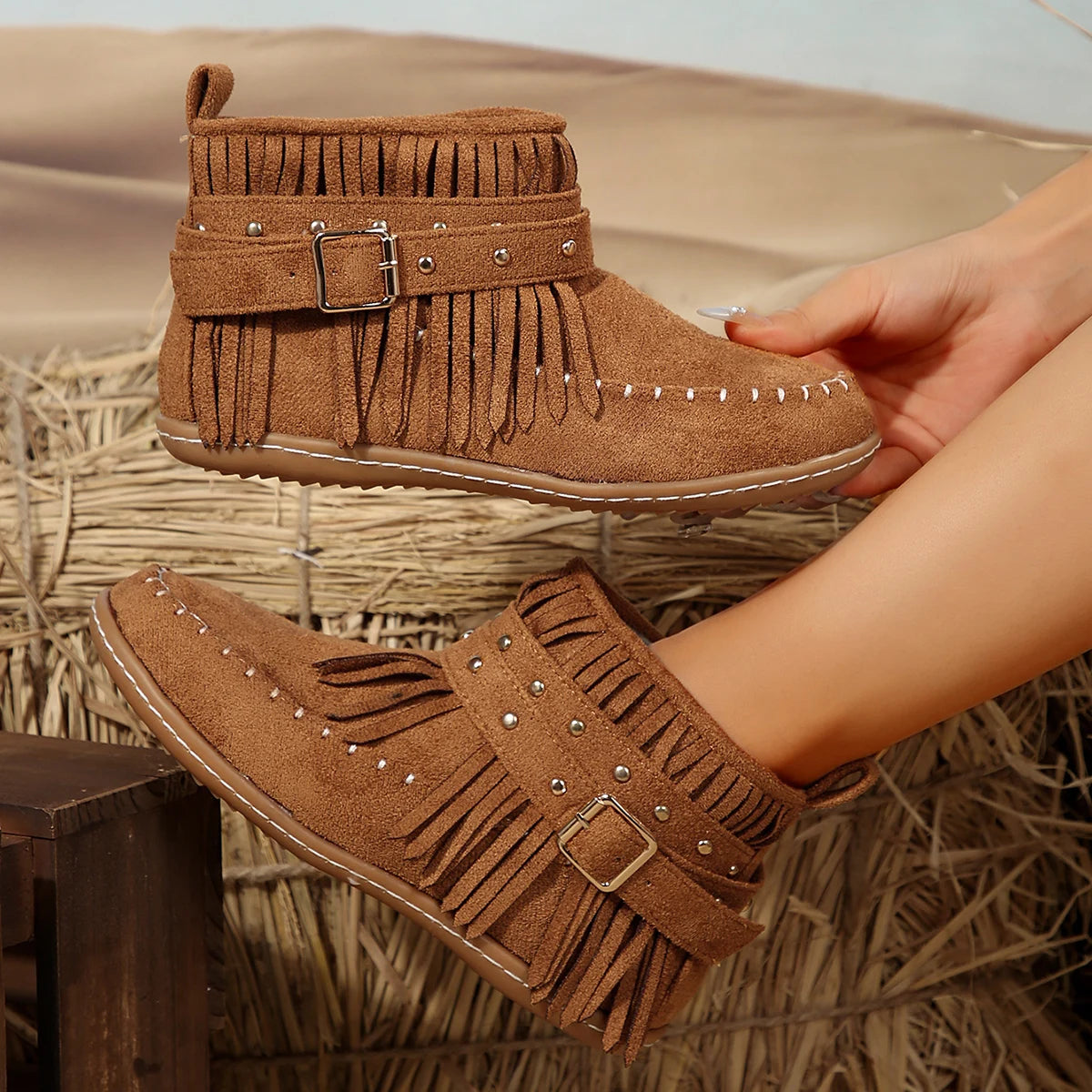 Women's retro faux suede buckle cowboy ankle boots