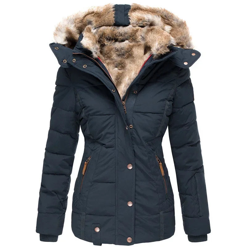 Women's winter hooded coat with zipper and snap buttons